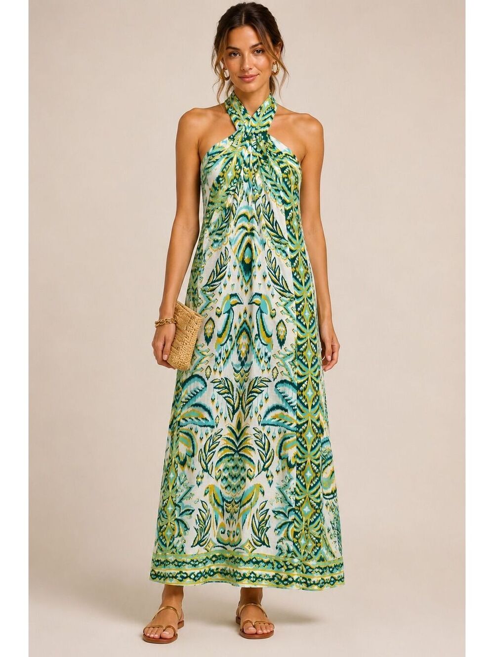 FARM Rio Tropical Tapestry Halter Linen Maxi Sundress